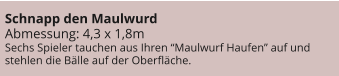 Schnapp den Maulwurd Abmessung: 4,3 x 1,8m Sechs Spieler tauchen aus Ihren “Maulwurf Haufen” auf und stehlen die Bälle auf der Oberfläche.
